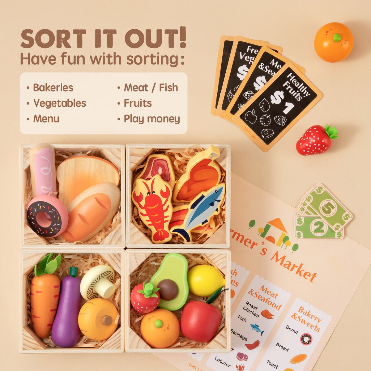 Tiny Land® Play Kitchen Accessories – Wooden Play Food for Play Kitchen: Pretend Cooking Set for Kids