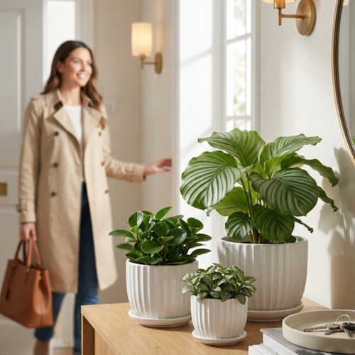 3-Piece White Ceramic Planter Pot Set with Vertical Fluted Design & Matching Saucers