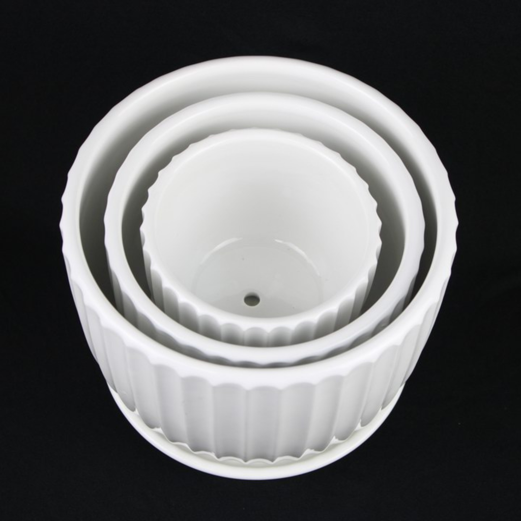 3-Piece White Ceramic Planter Pot Set with Vertical Fluted Design & Matching Saucers